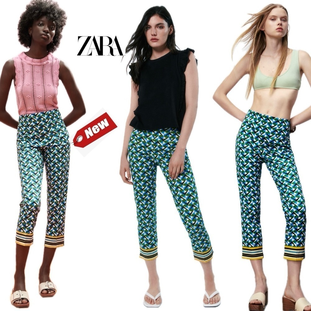 Zara blue green printed cropped slim fit ankle pants Sz 8 NW